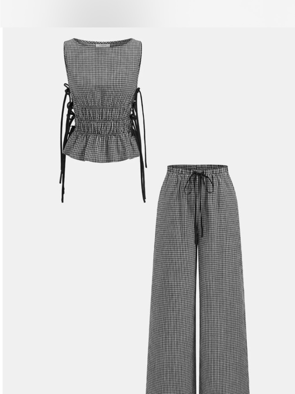 Commense Black & White Gingham Wide-Leg Pants Set